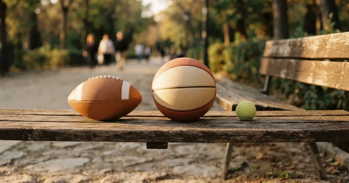 Tres balones de distintos tipos, uno junto a otro, sobre un banco de madera