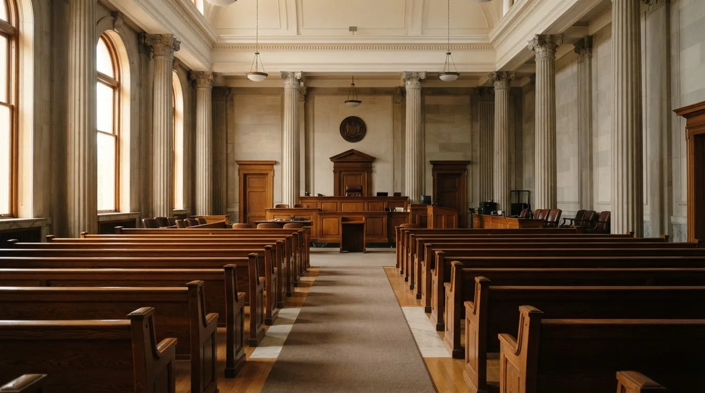 Una sala de tribunal vacía con bancos de madera a la luz de la mañana